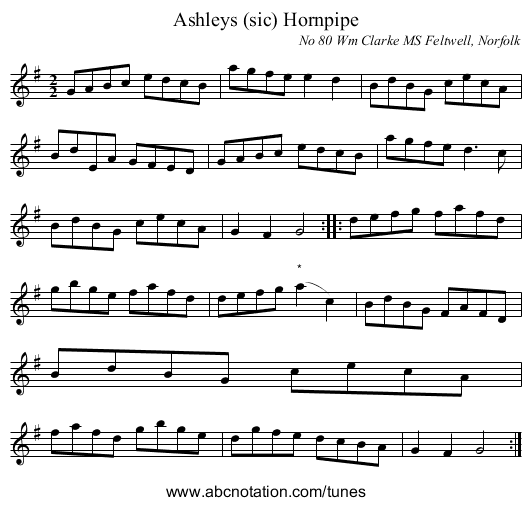 Ashleys (sic) Hornpipe - staff notation