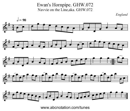 Ewan's Hornpipe. GHW.072 - staff notation
