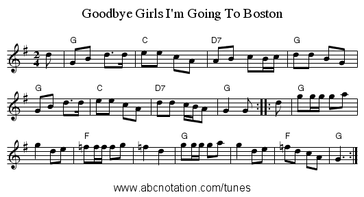 Goodbye Girls I'm Going To Boston - staff notation