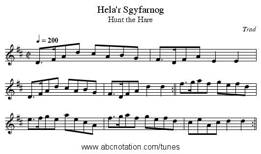 Hela'r Sgyfarnog - staff notation