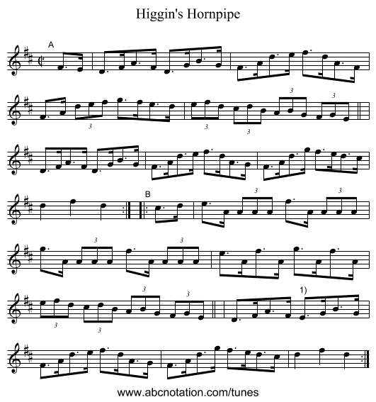 Higgin's Hornpipe - staff notation