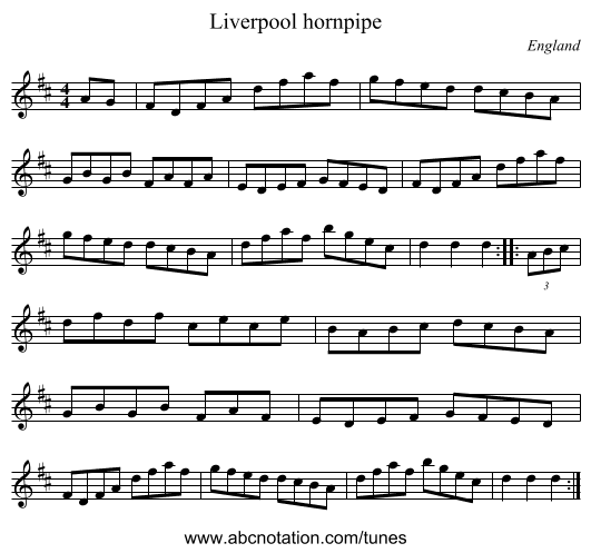 Liverpool hornpipe - staff notation