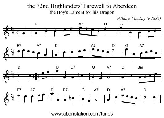 the 72nd Highlanders' Farewell to Aberdeen - staff notation