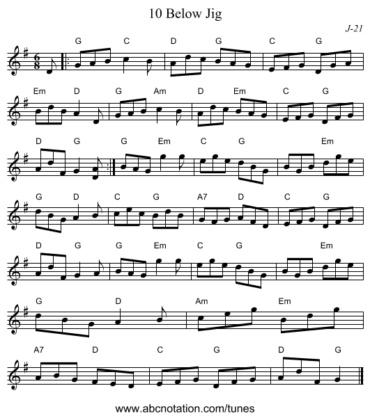 10 Below Jig - staff notation