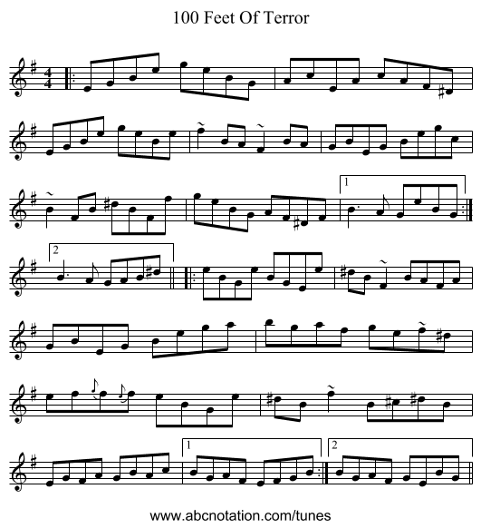 100 Feet Of Terror - staff notation