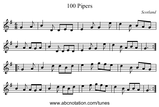 100 Pipers - staff notation