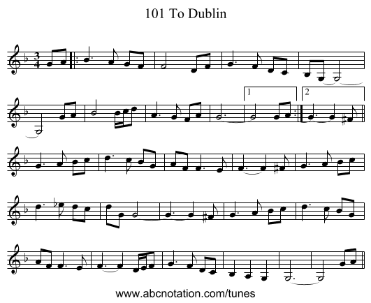 101 To Dublin - staff notation
