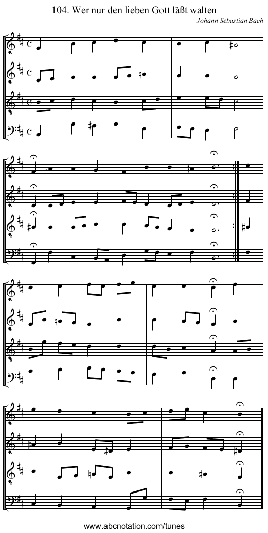 104. Wer nur den lieben Gott l&auml;&szlig;t walten - staff notation