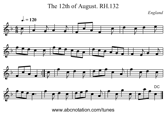 12th of August. RH.132, The - staff notation