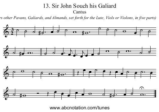 13. Sir John Souch his Galiard - staff notation