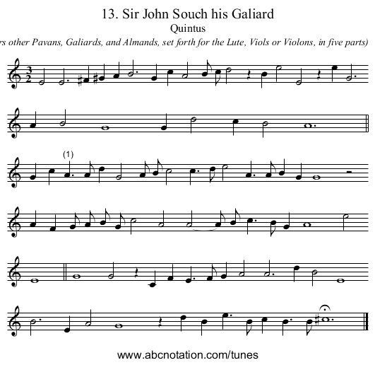 13. Sir John Souch his Galiard - staff notation