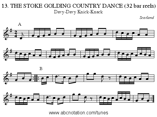 13. THE STOKE GOLDING COUNTRY DANCE (32 bar reels) - staff notation