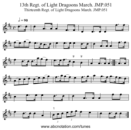 13th Regt. of Light Dragoons March. JMP.051 - staff notation