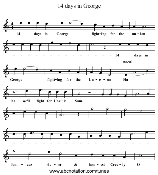 14 days in George - staff notation