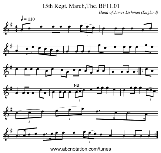 15th Regt. March,The. BF11.01 - staff notation