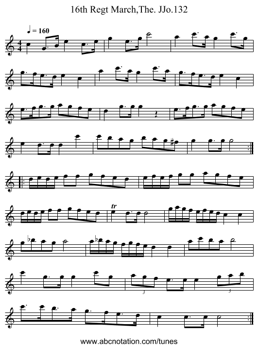 16th Regt March,The. JJo.132 - staff notation