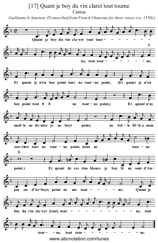 [17] Quant je boy du vin claret tout tourne - staff notation