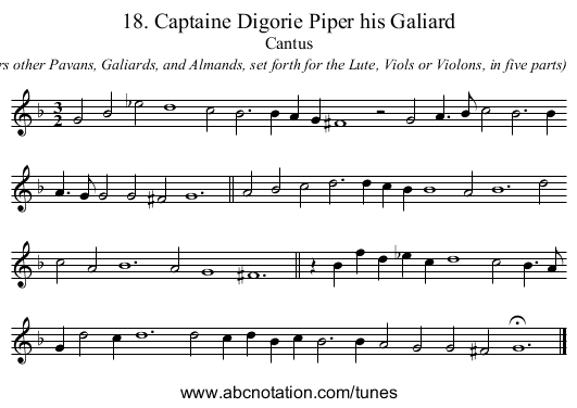 18. Captaine Digorie Piper his Galiard - staff notation