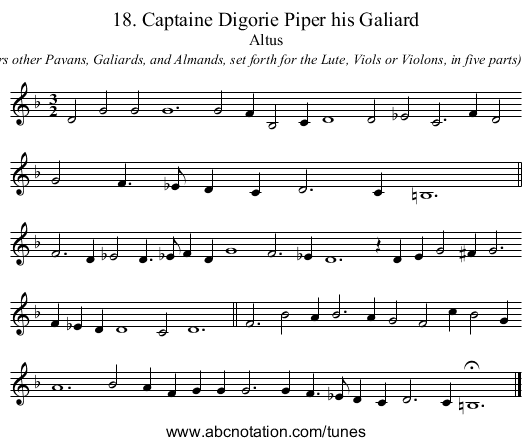 18. Captaine Digorie Piper his Galiard - staff notation