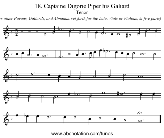 18. Captaine Digorie Piper his Galiard - staff notation