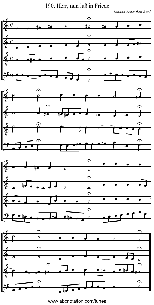 190. Herr, nun laß in Friede - staff notation