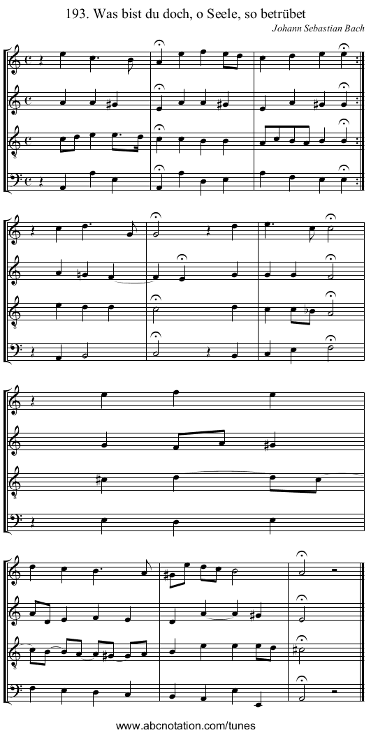 193. Was bist du doch, o Seele, so betr&uuml;bet - staff notation