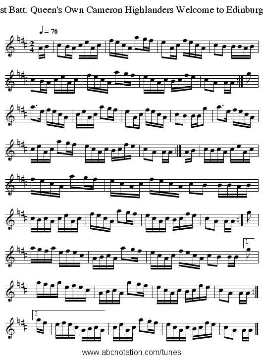 1st Batt. Queen's Own Cameron Highlanders Welcome to Edinburgh - staff notation