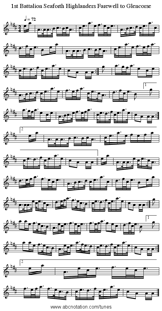 1st Battalion Seaforth Highlanders Farewell to Glencorse - staff notation