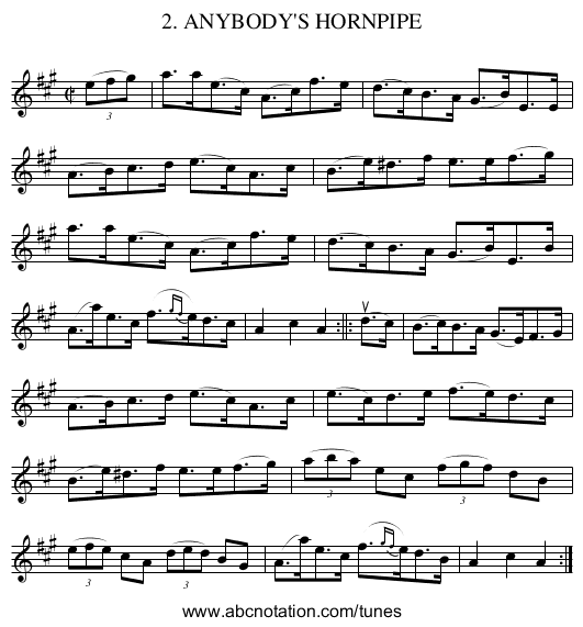 2. ANYBODY'S HORNPIPE - staff notation