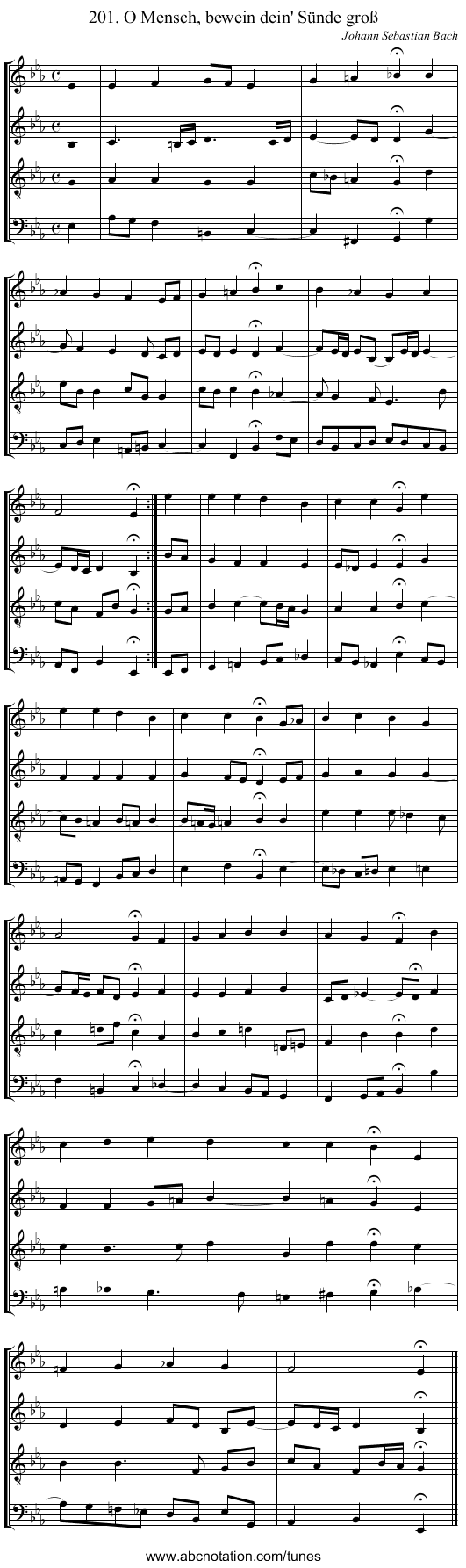 201. O Mensch, bewein dein' S&uuml;nde gro&szlig; - staff notation