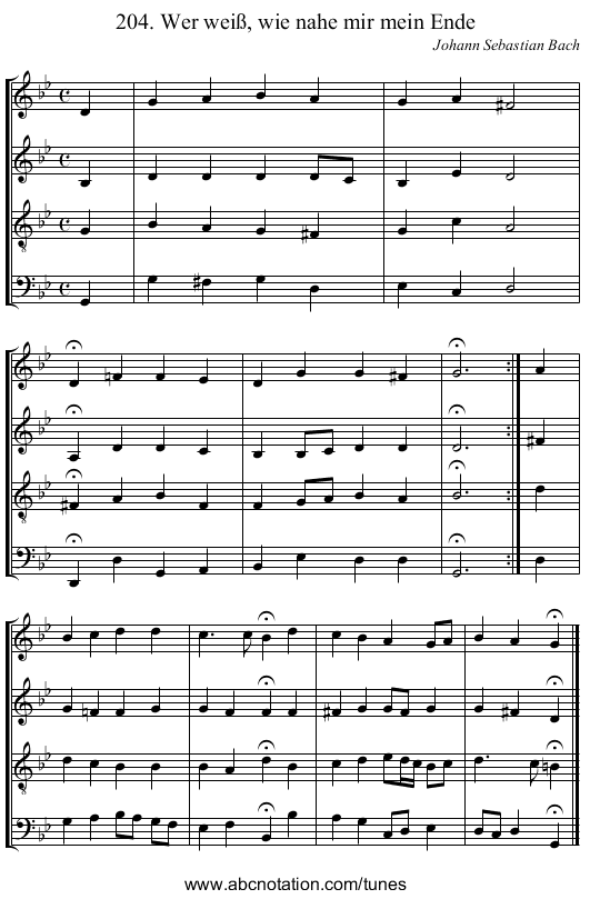 204. Wer wei&szlig;, wie nahe mir mein Ende - staff notation