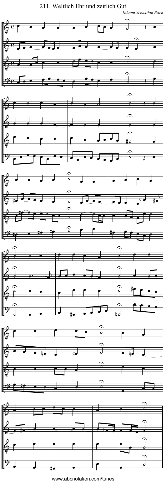211. Weltlich Ehr und zeitlich Gut - staff notation