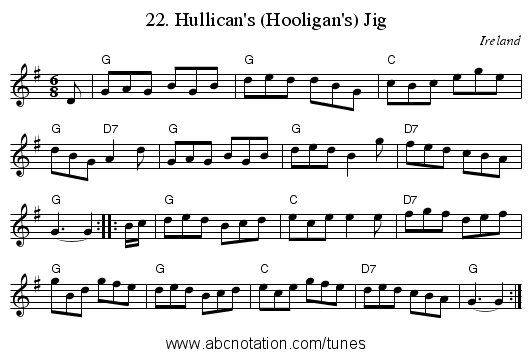 22. Hullican's (Hooligan's) Jig - staff notation