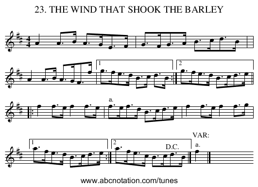 23. THE WIND THAT SHOOK THE BARLEY - staff notation