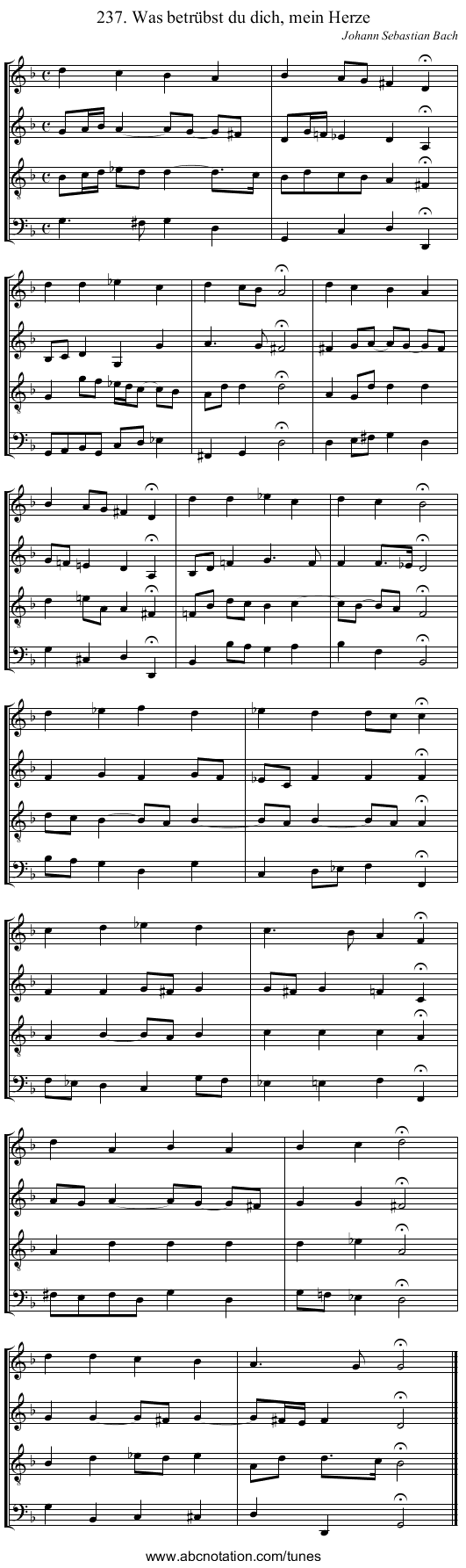 237. Was betr&uuml;bst du dich, mein Herze - staff notation