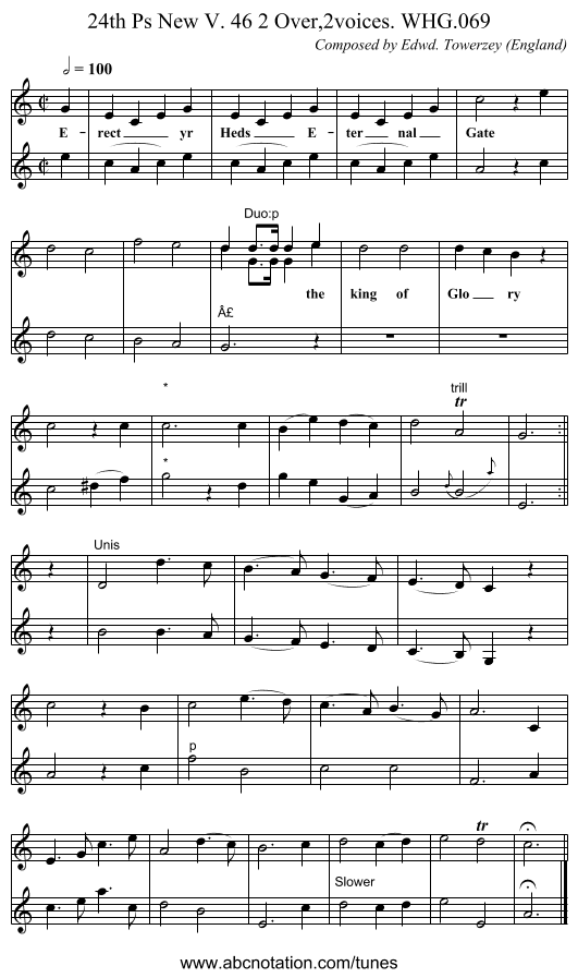 24th Ps New V. 46 2 Over,2voices. WHG.069 - staff notation