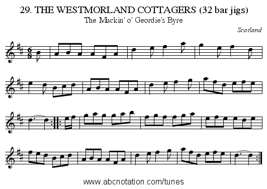 29. THE WESTMORLAND COTTAGERS (32 bar jigs) - staff notation