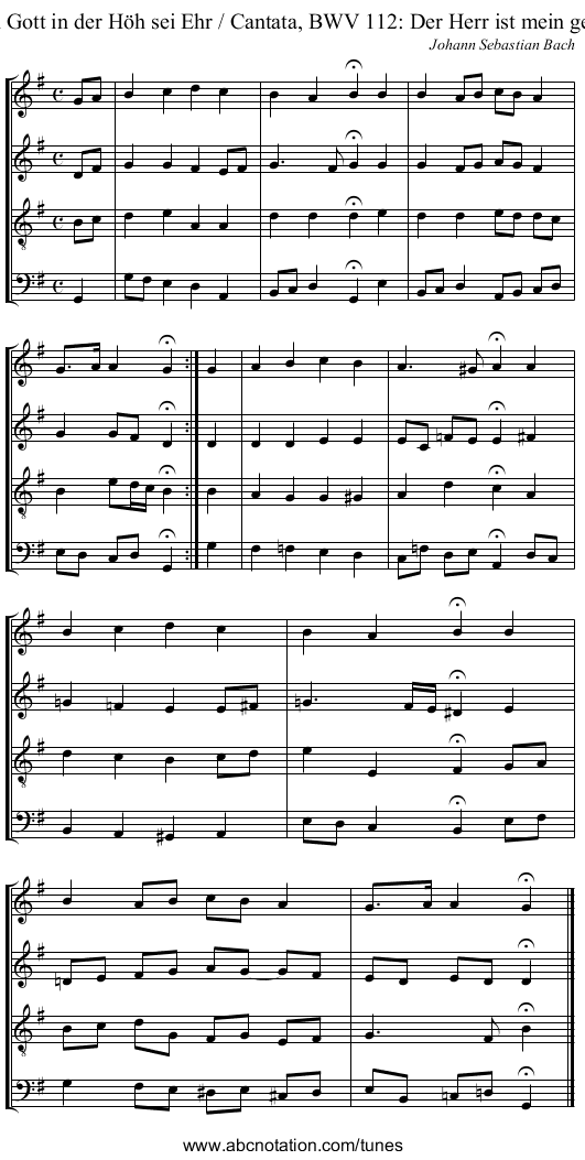 313. Allein Gott in der H&ouml;h sei Ehr / Cantata, BWV 112: Der Herr ist mein getreuer Hirt - staff notation