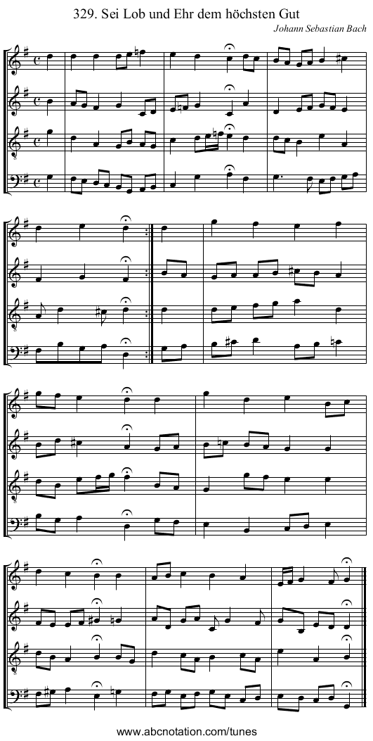 329. Sei Lob und Ehr dem h&ouml;chsten Gut - staff notation
