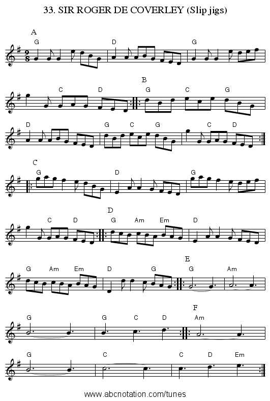 33. SIR ROGER DE COVERLEY (Slip jigs) - staff notation