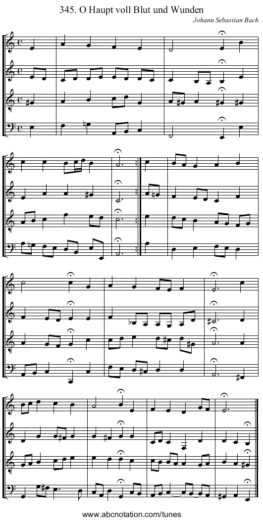 345. O Haupt voll Blut und Wunden - staff notation