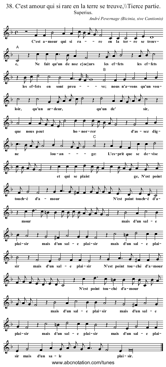 38. C'est amour qui si rare en la terre se treuve,\\\&inodot;erce partie. - staff notation