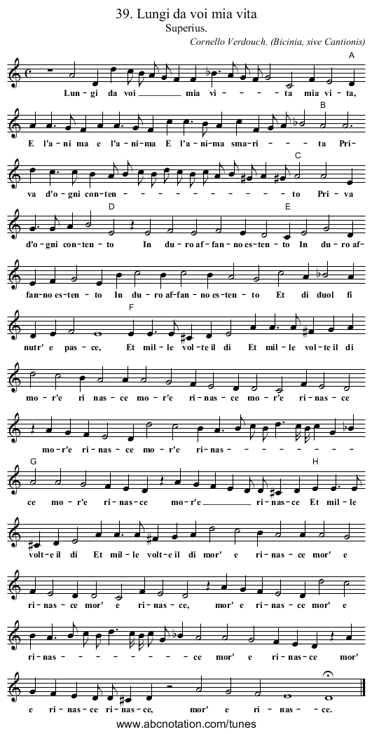 39. Lungi da voi mia vita - staff notation