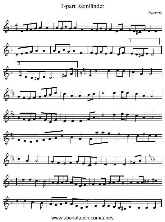 3-part Reinländer - staff notation