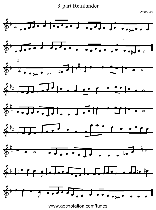 3-part Reinländer - staff notation