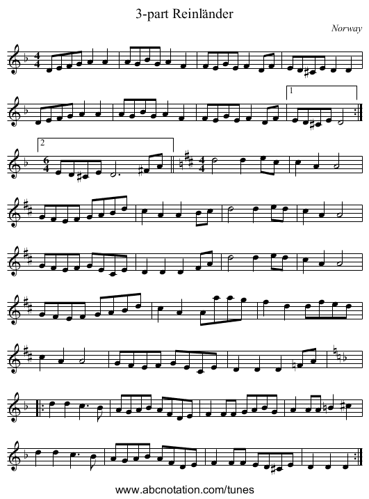 3-part Reinländer - staff notation