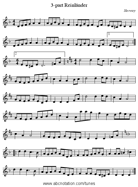 3-part Reinländer - staff notation