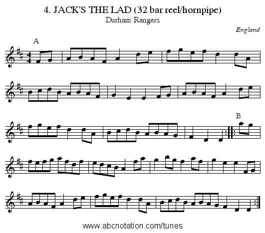4. JACK'S THE LAD (32 bar reel/hornpipe) - staff notation