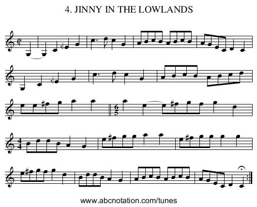 4. JINNY IN THE LOWLANDS - staff notation