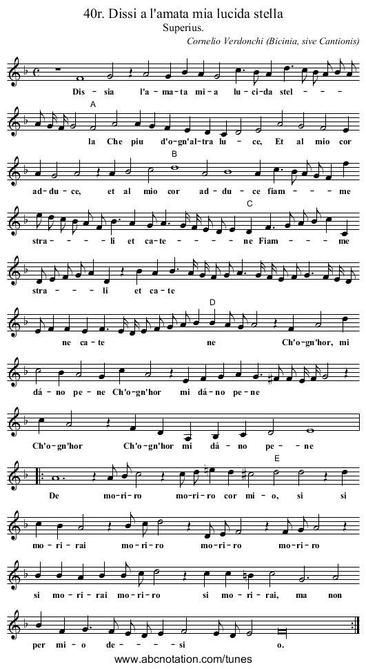 40r. Dissi a l'amata mia lucida stella - staff notation